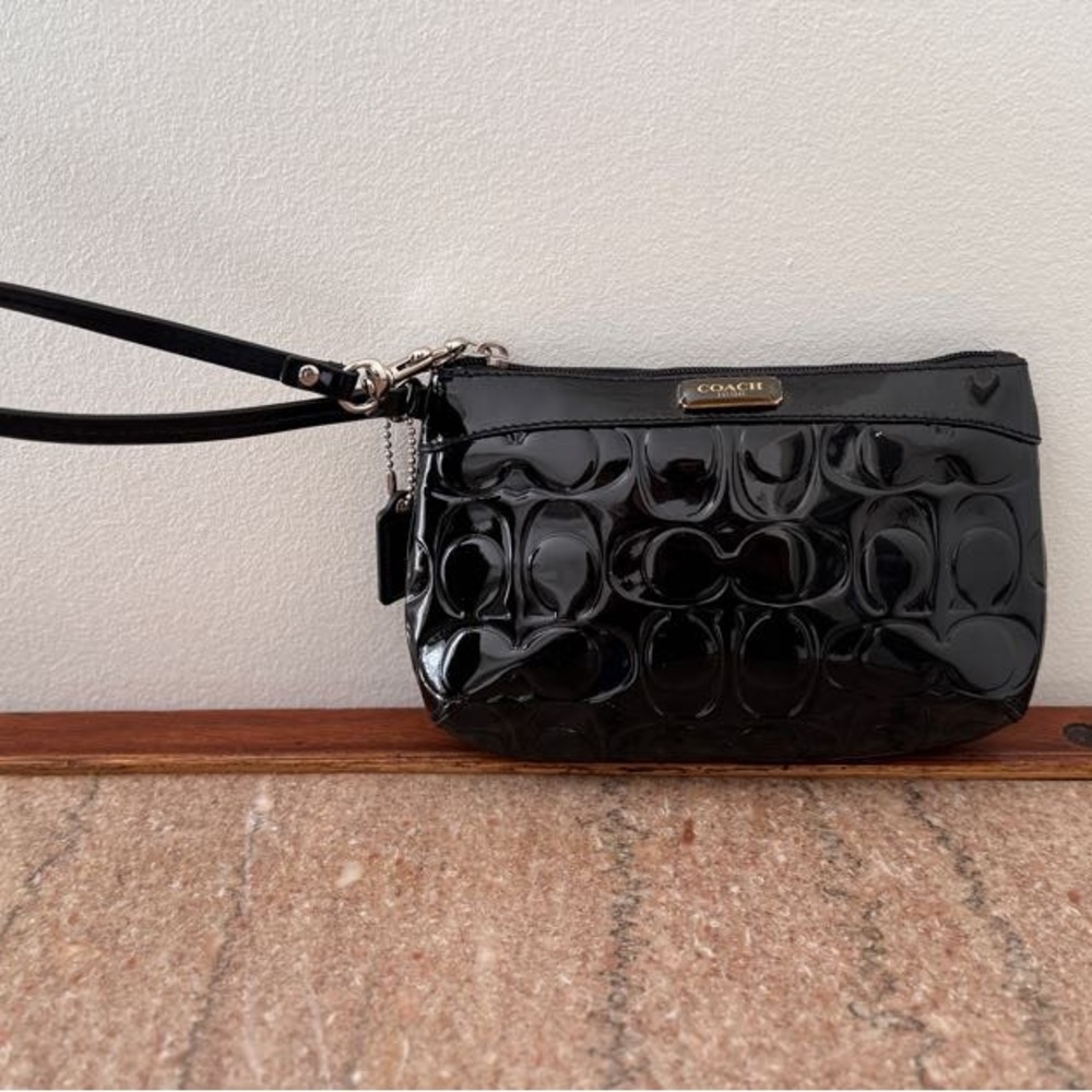 Coach Glossy Black Embossed Wristlet
